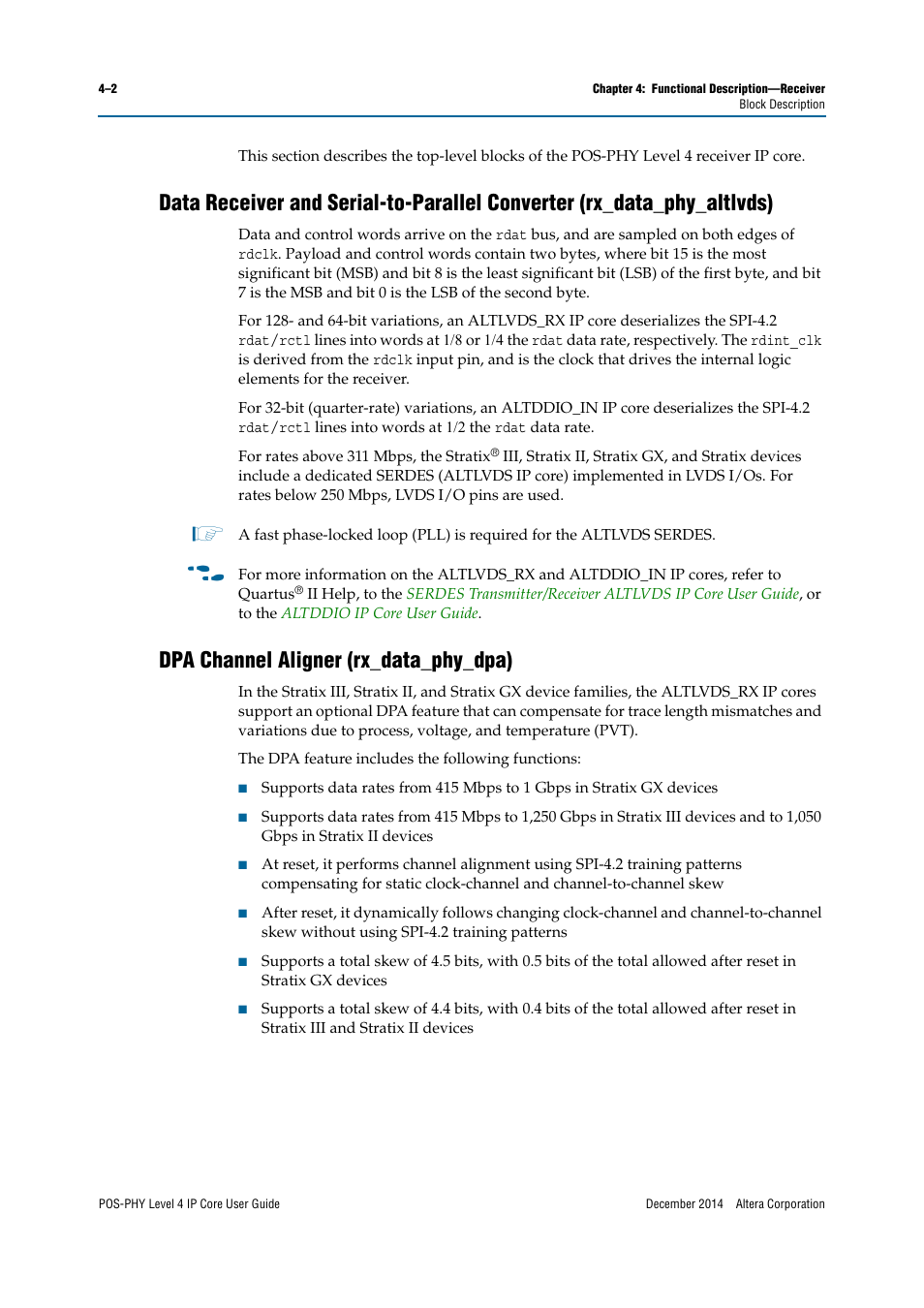 Dpa channel aligner (rx_data_phy_dpa) | Altera POS-PHY Level 4 IP Core User Manual | Page 40 / 142