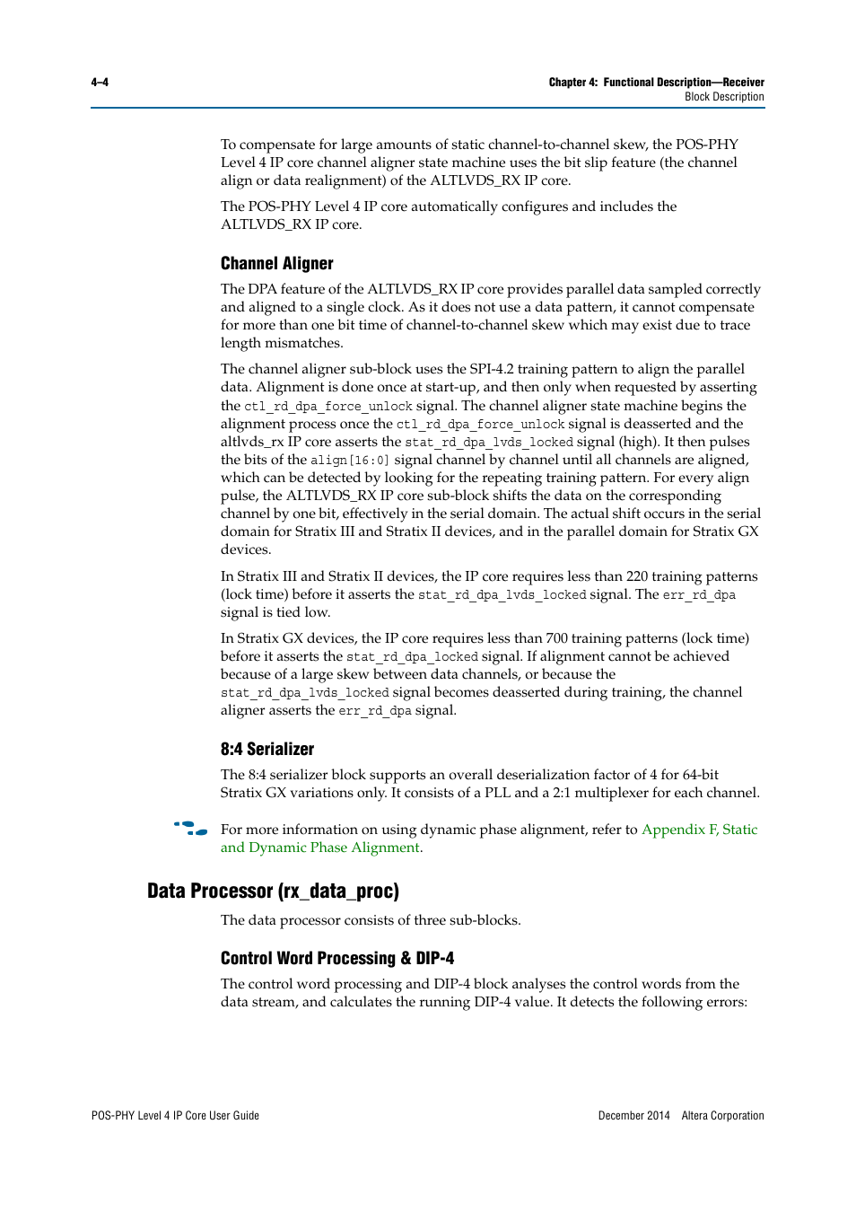 Channel aligner, 4 serializer, Data processor (rx_data_proc) | Control word processing & dip-4 | Altera POS-PHY Level 4 IP Core User Manual | Page 42 / 142