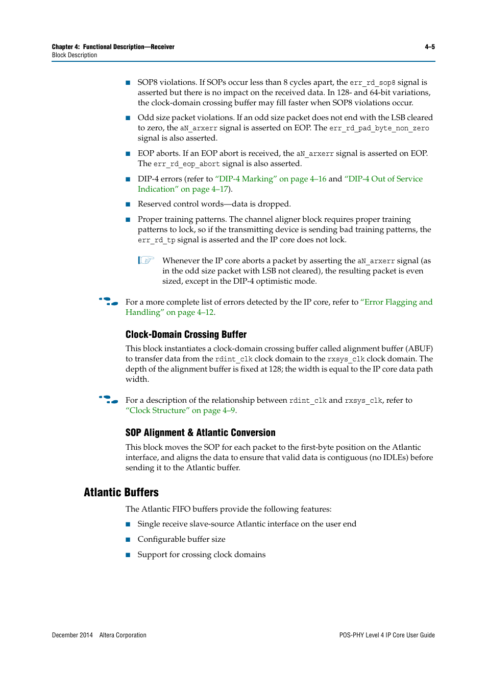 Clock-domain crossing buffer, Sop alignment & atlantic conversion, Atlantic buffers | Altera POS-PHY Level 4 IP Core User Manual | Page 43 / 142