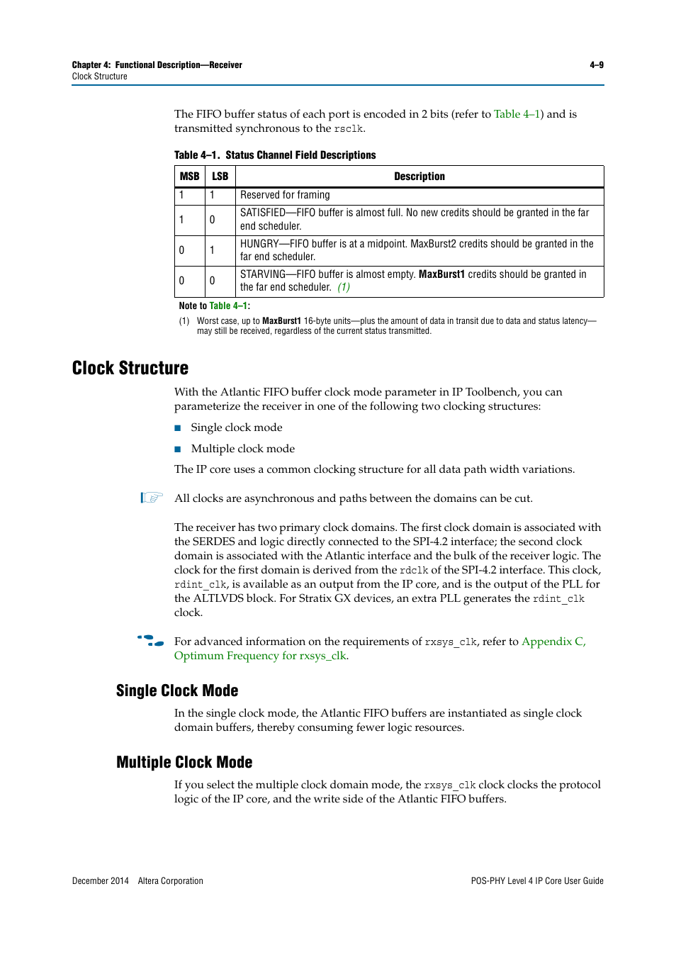 Clock structure, Single clock mode, Multiple clock mode | Altera POS-PHY Level 4 IP Core User Manual | Page 47 / 142