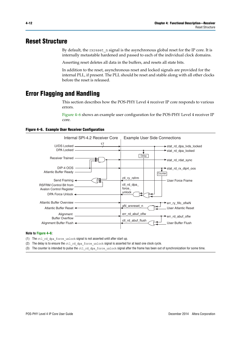 Reset structure, Error flagging and handling, Fer to | Error flagging and | Altera POS-PHY Level 4 IP Core User Manual | Page 50 / 142