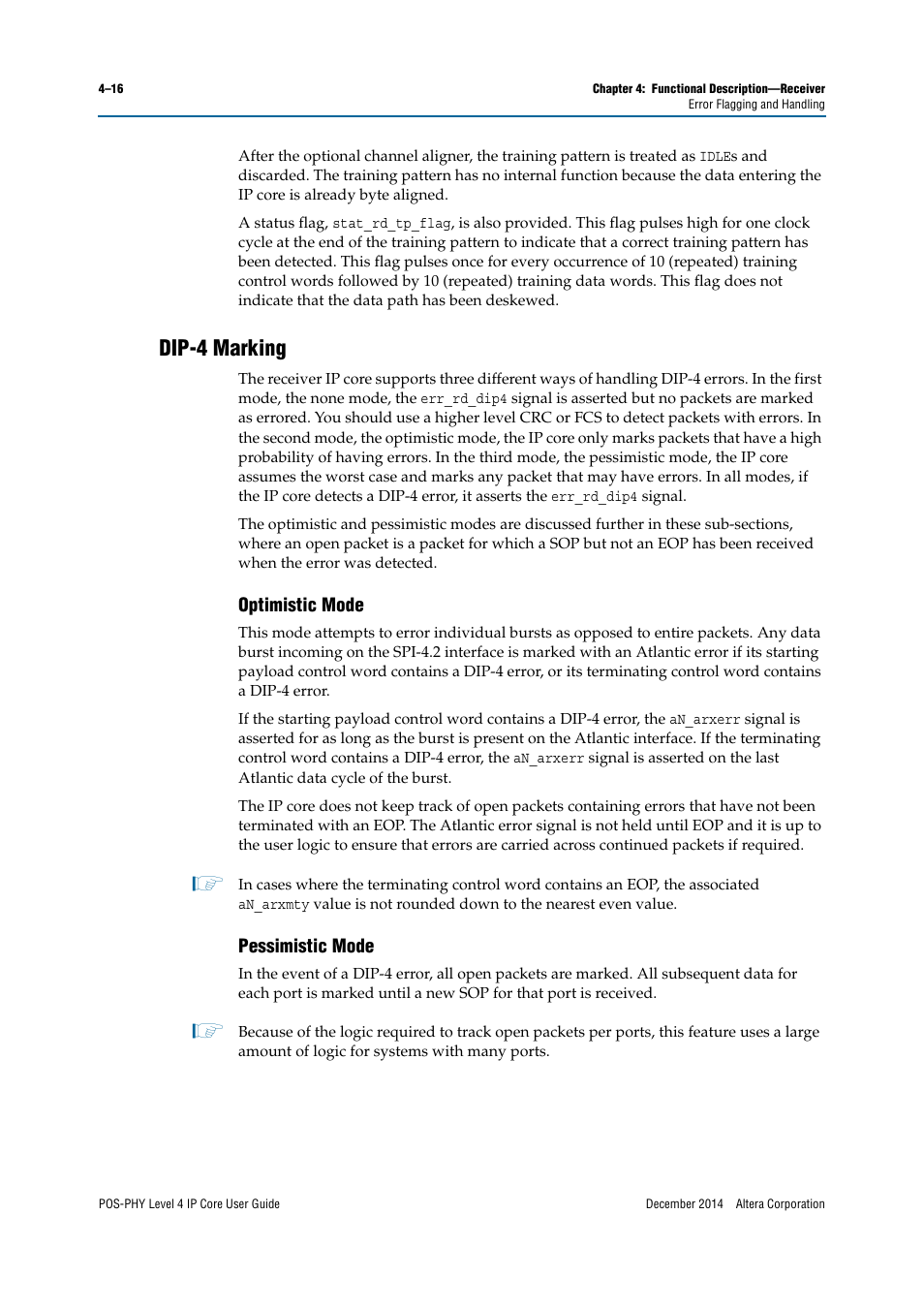 Dip-4 marking, Optimistic mode, Pessimistic mode | Fer to, Er to, Refer to, Dip-4 marking” on | Altera POS-PHY Level 4 IP Core User Manual | Page 54 / 142