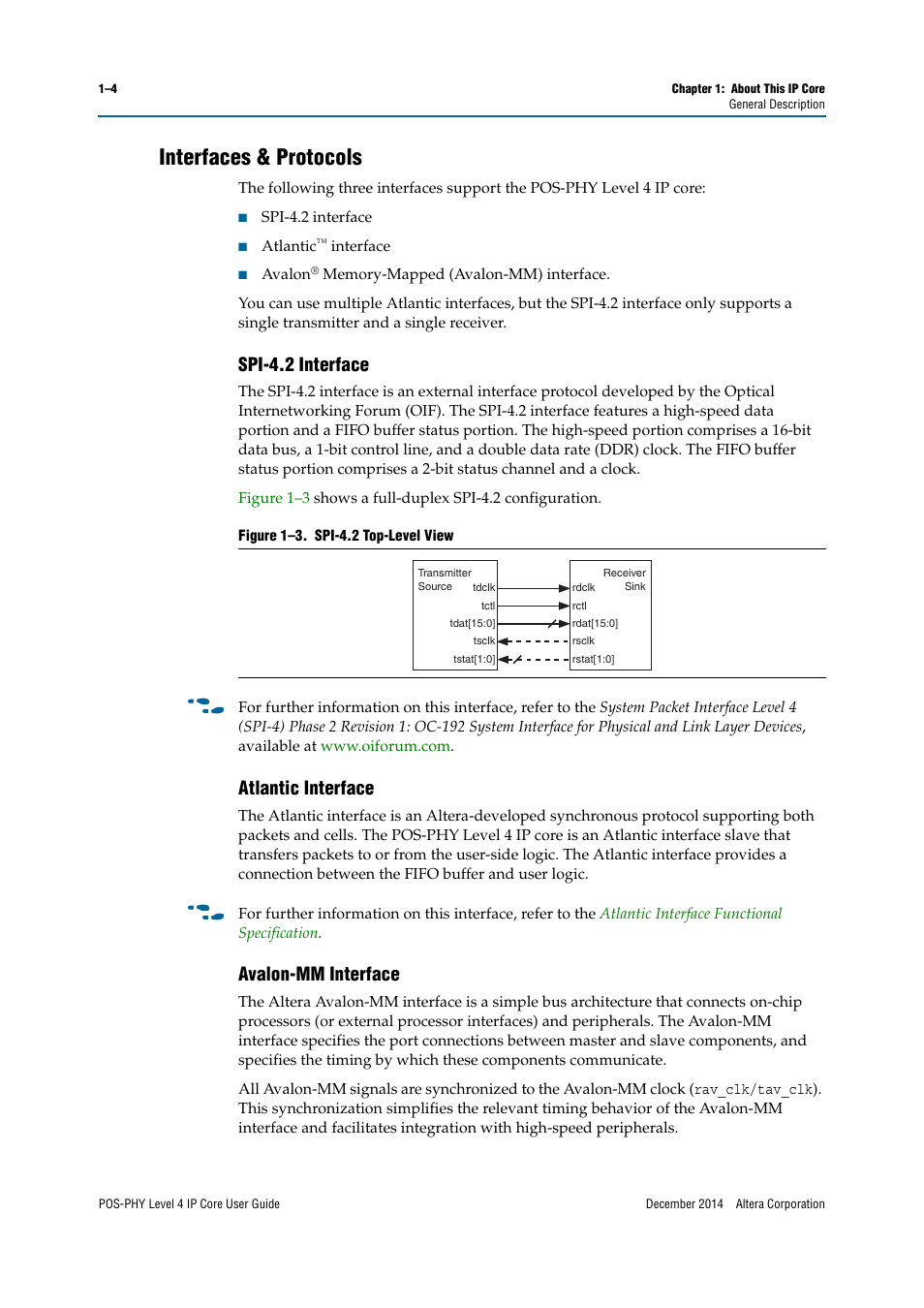 Interfaces & protocols, Spi-4.2 interface, Atlantic interface | Avalon-mm interface | Altera POS-PHY Level 4 IP Core User Manual | Page 6 / 142