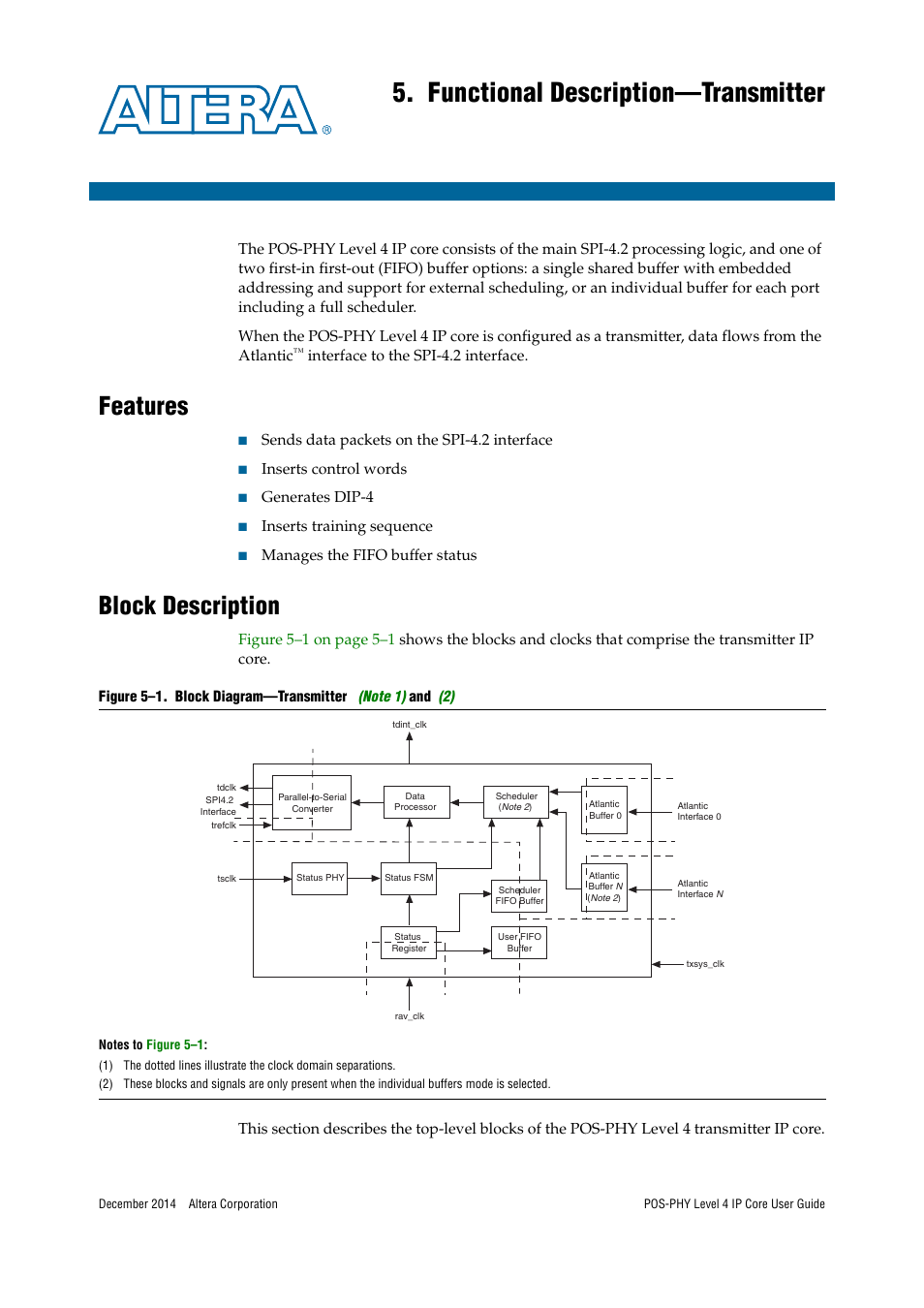 Functional description—transmitter, Features, Block description | Altera POS-PHY Level 4 IP Core User Manual | Page 71 / 142