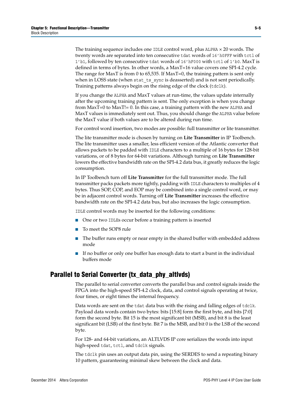 Parallel to serial converter (tx_data_phy_altlvds) | Altera POS-PHY Level 4 IP Core User Manual | Page 75 / 142