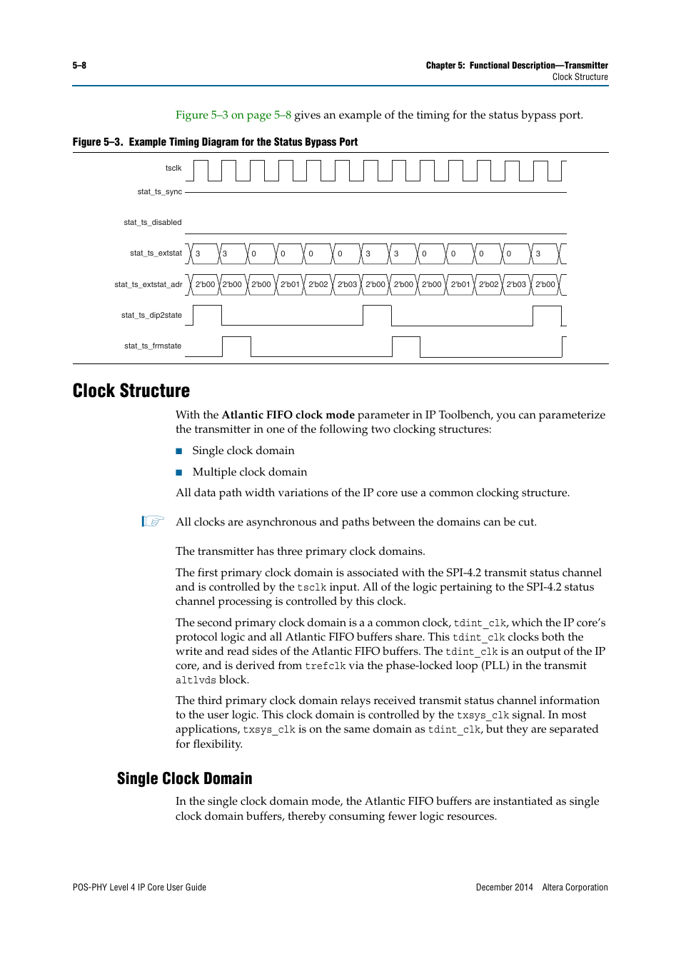 Clock structure, Single clock domain | Altera POS-PHY Level 4 IP Core User Manual | Page 78 / 142