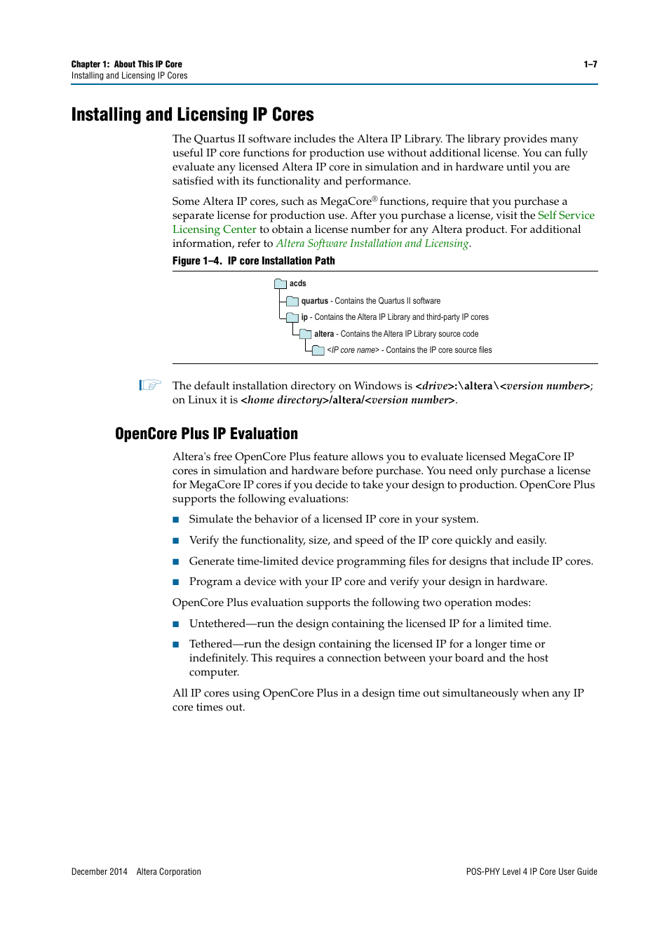 Installing and licensing ip cores, Opencore plus ip evaluation | Altera POS-PHY Level 4 IP Core User Manual | Page 9 / 142