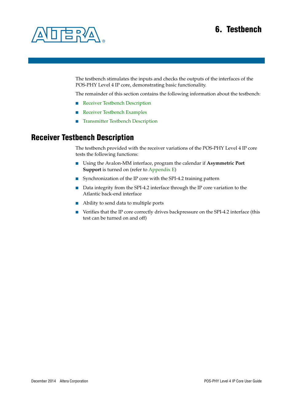 Testbench, Receiver testbench description | Altera POS-PHY Level 4 IP Core User Manual | Page 99 / 142