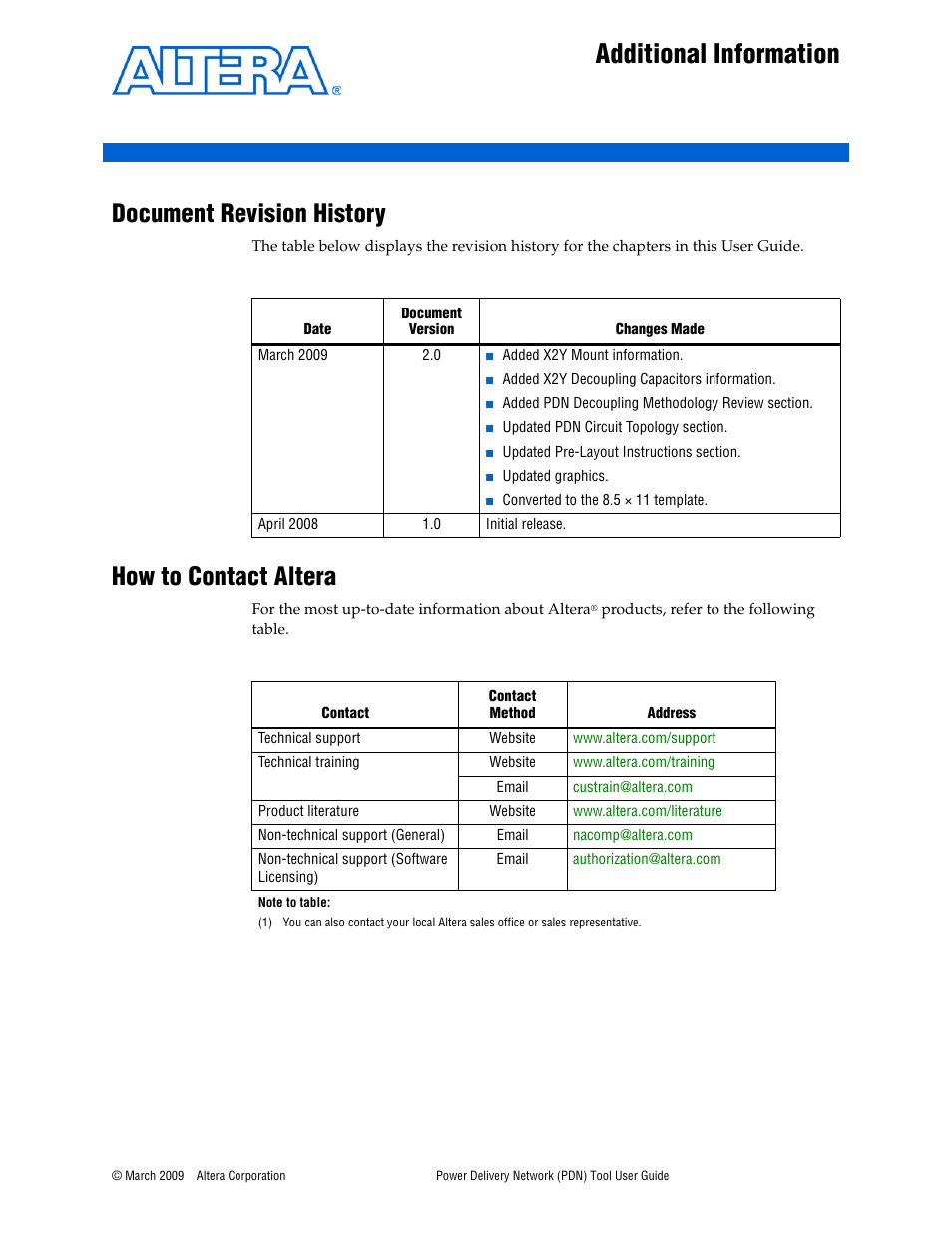 Additional information, Document revision history, How to contact altera | Altera Power Delivery Network User Manual | Page 25 / 26