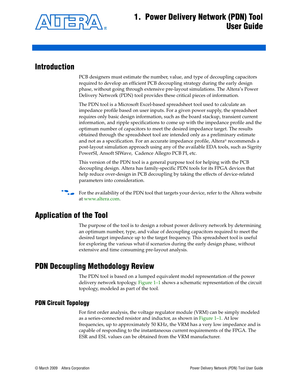 Power delivery network (pdn) tool user guide, Introduction, Application of the tool | Pdn decoupling methodology review, Pdn circuit topology -1, Pdn circuit topology | Altera Power Delivery Network User Manual | Page 5 / 26