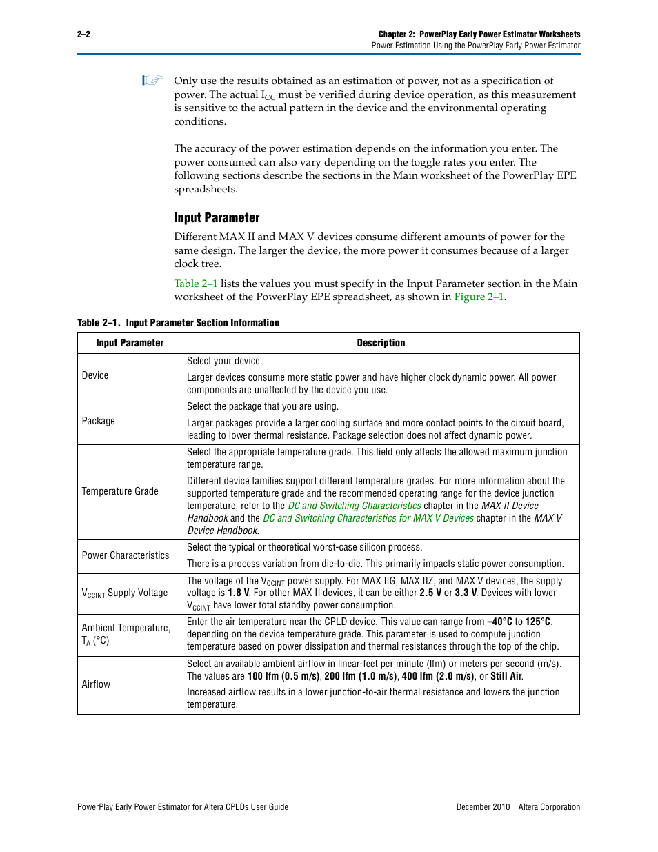 Input parameter, Input parameter –2 | Altera PowerPlay Early Power Estimator for Altera CPLDs User Manual | Page 12 / 30