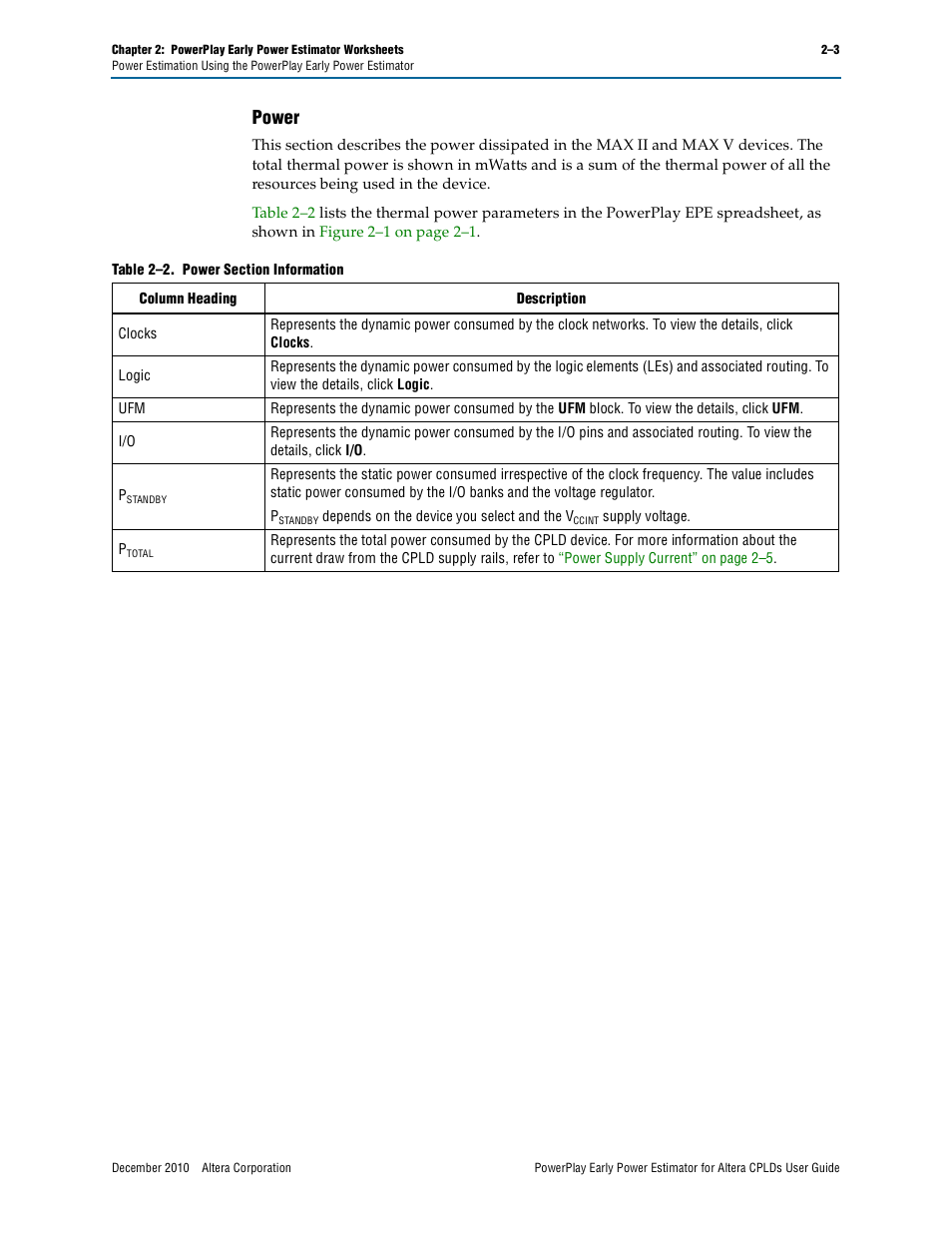 Power, Power –3 | Altera PowerPlay Early Power Estimator for Altera CPLDs User Manual | Page 13 / 30