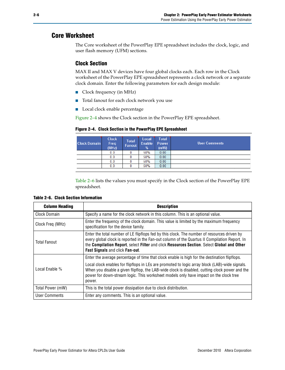 Core worksheet, Clock section, Core worksheet –6 | Clock section –6 | Altera PowerPlay Early Power Estimator for Altera CPLDs User Manual | Page 16 / 30
