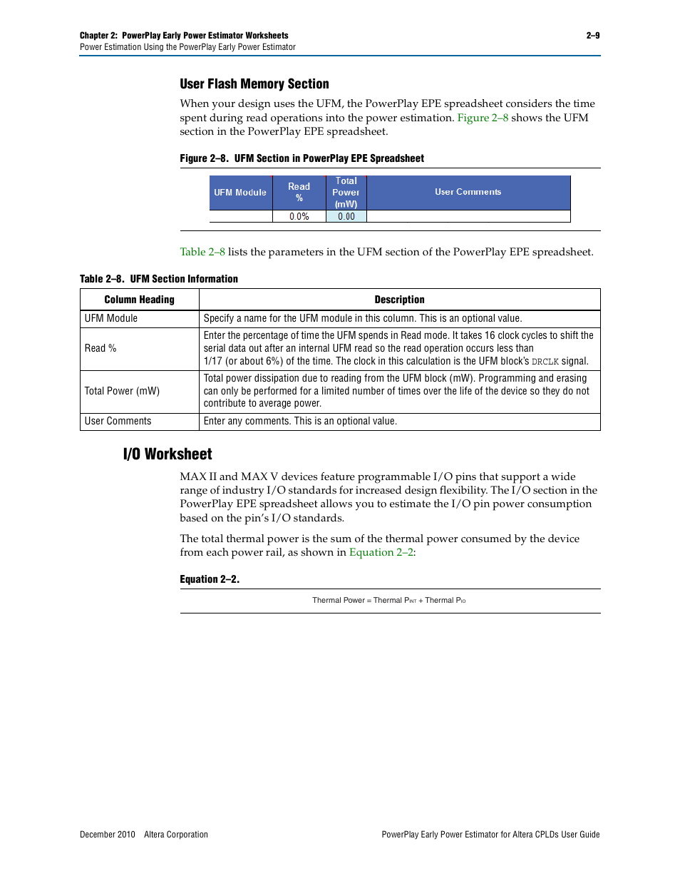 User flash memory section, I/o worksheet, User flash memory section –9 | I/o worksheet –9 | Altera PowerPlay Early Power Estimator for Altera CPLDs User Manual | Page 19 / 30