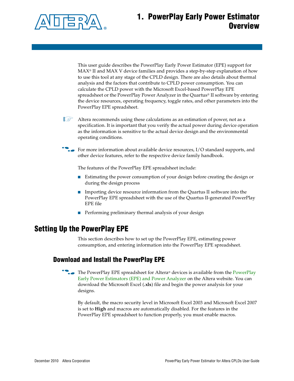 Powerplay early power estimator overview, Setting up the powerplay epe, Download and install the powerplay epe | Setting up the powerplay epe –1, Download and install the powerplay epe –1 | Altera PowerPlay Early Power Estimator for Altera CPLDs User Manual | Page 5 / 30