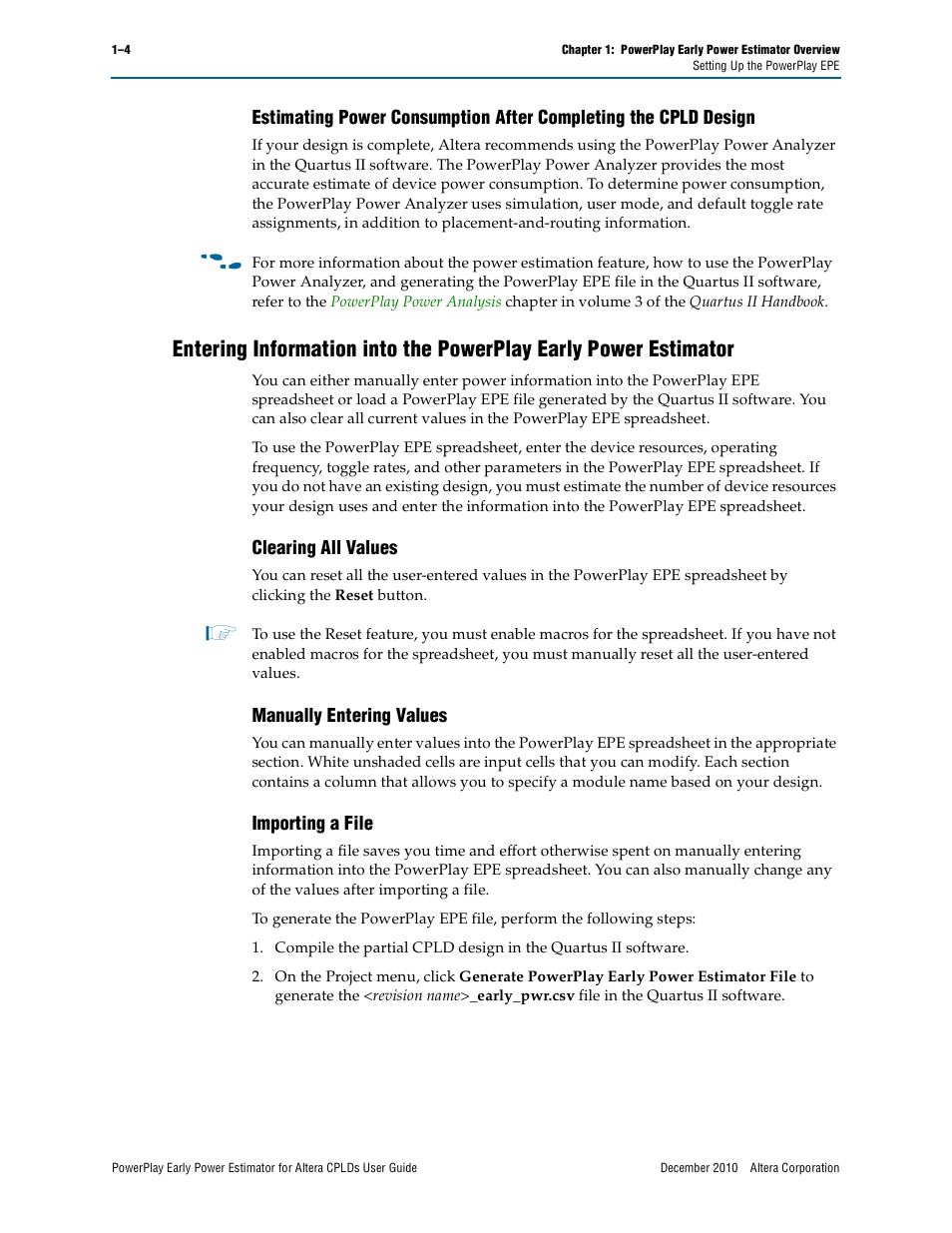 Clearing all values, Manually entering values, Importing a file | Altera PowerPlay Early Power Estimator for Altera CPLDs User Manual | Page 8 / 30