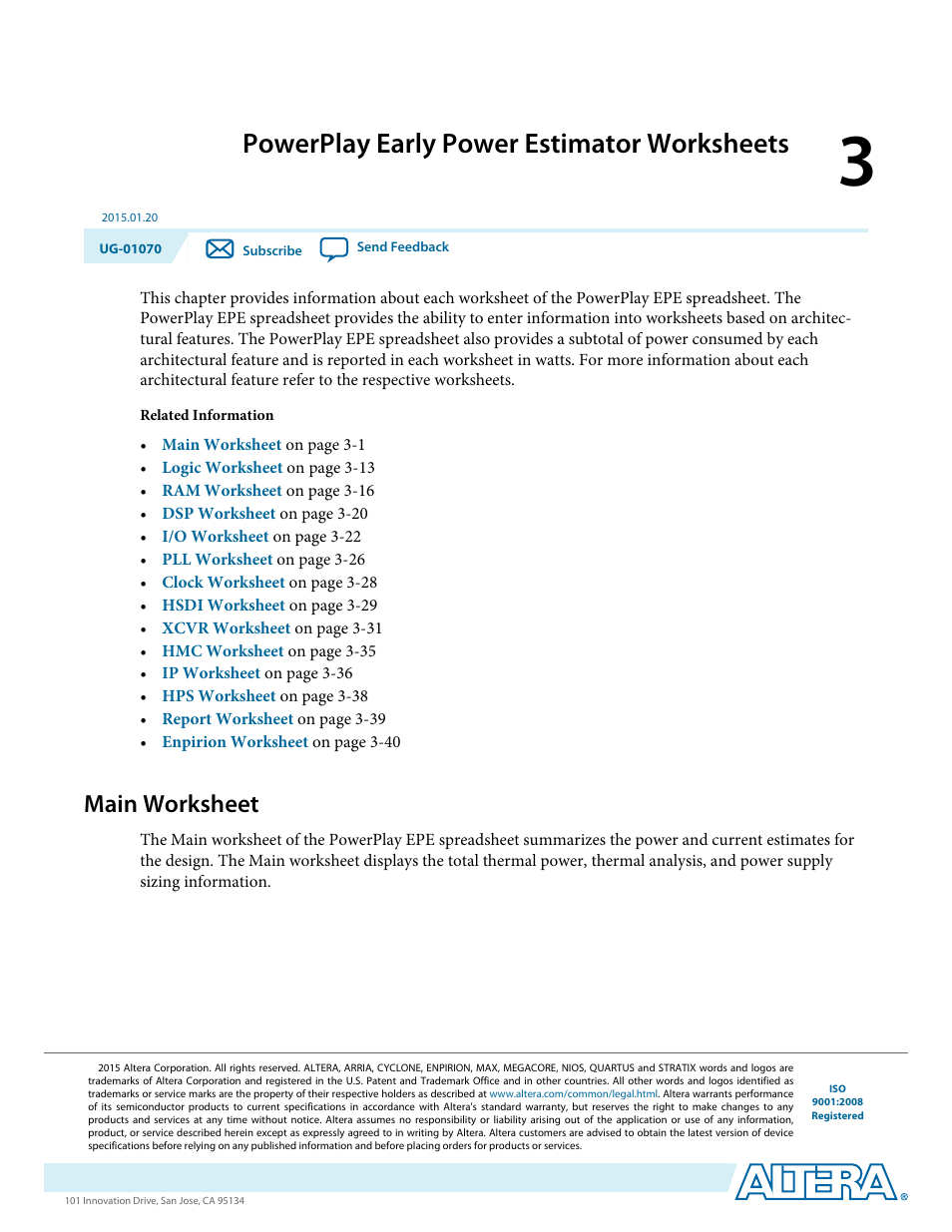 Powerplay early power estimator worksheets, Main worksheet, Powerplay early power estimator worksheets -1 | Main worksheet -1 | Altera PowerPlay Early Power Estimator User Manual | Page 11 / 58