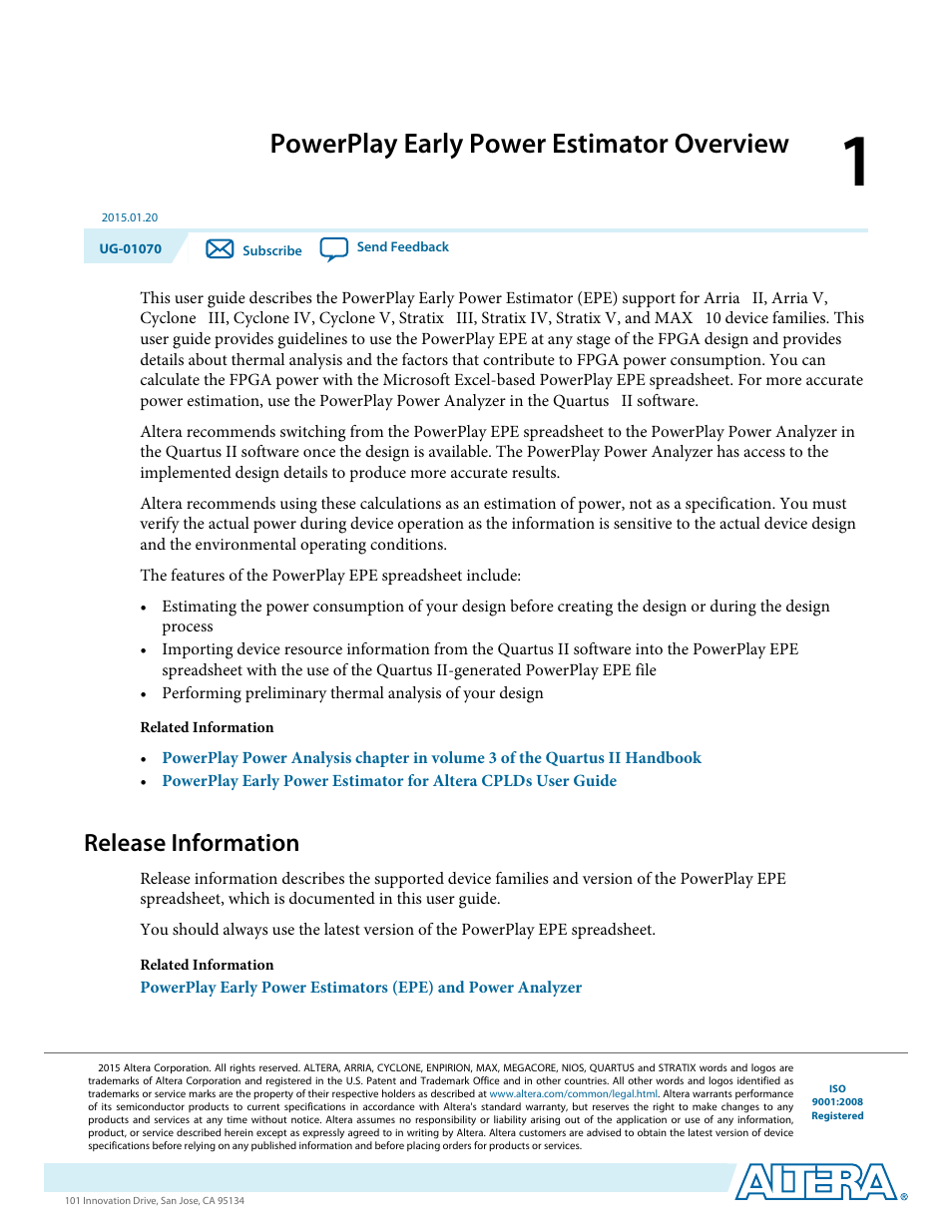 Powerplay early power estimator overview, Release information, Powerplay early power estimator overview -1 | Release information -1 | Altera PowerPlay Early Power Estimator User Manual | Page 4 / 58