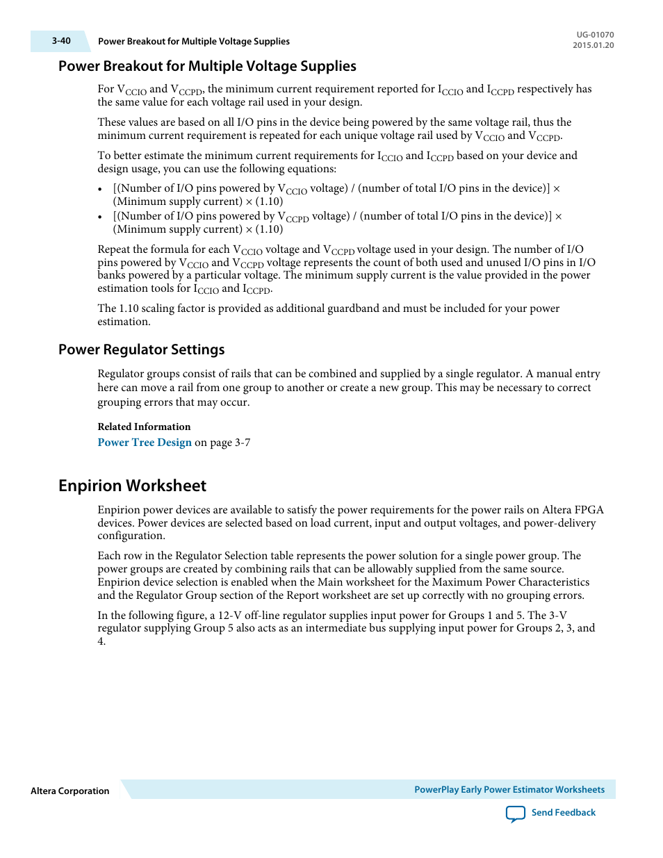 Power breakout for multiple voltage supplies, Power regulator settings, Enpirion worksheet | Power breakout for multiple voltage supplies -40, Power regulator settings -40, Enpirion worksheet -40 | Altera PowerPlay Early Power Estimator User Manual | Page 50 / 58