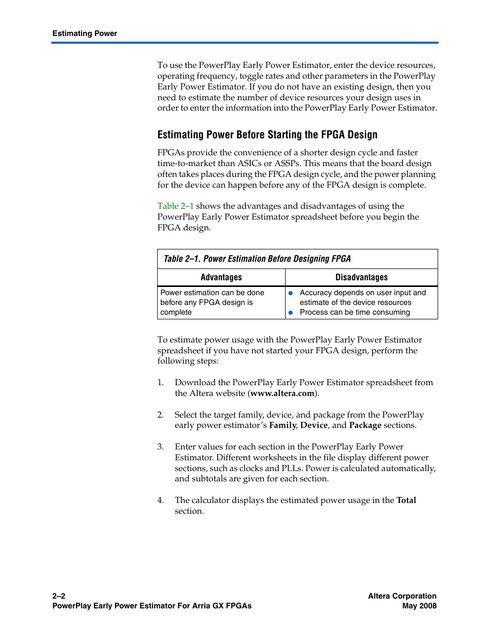 Estimating power before starting the fpga design | Altera PowerPlay Early Power Estimator User Manual | Page 10 / 58