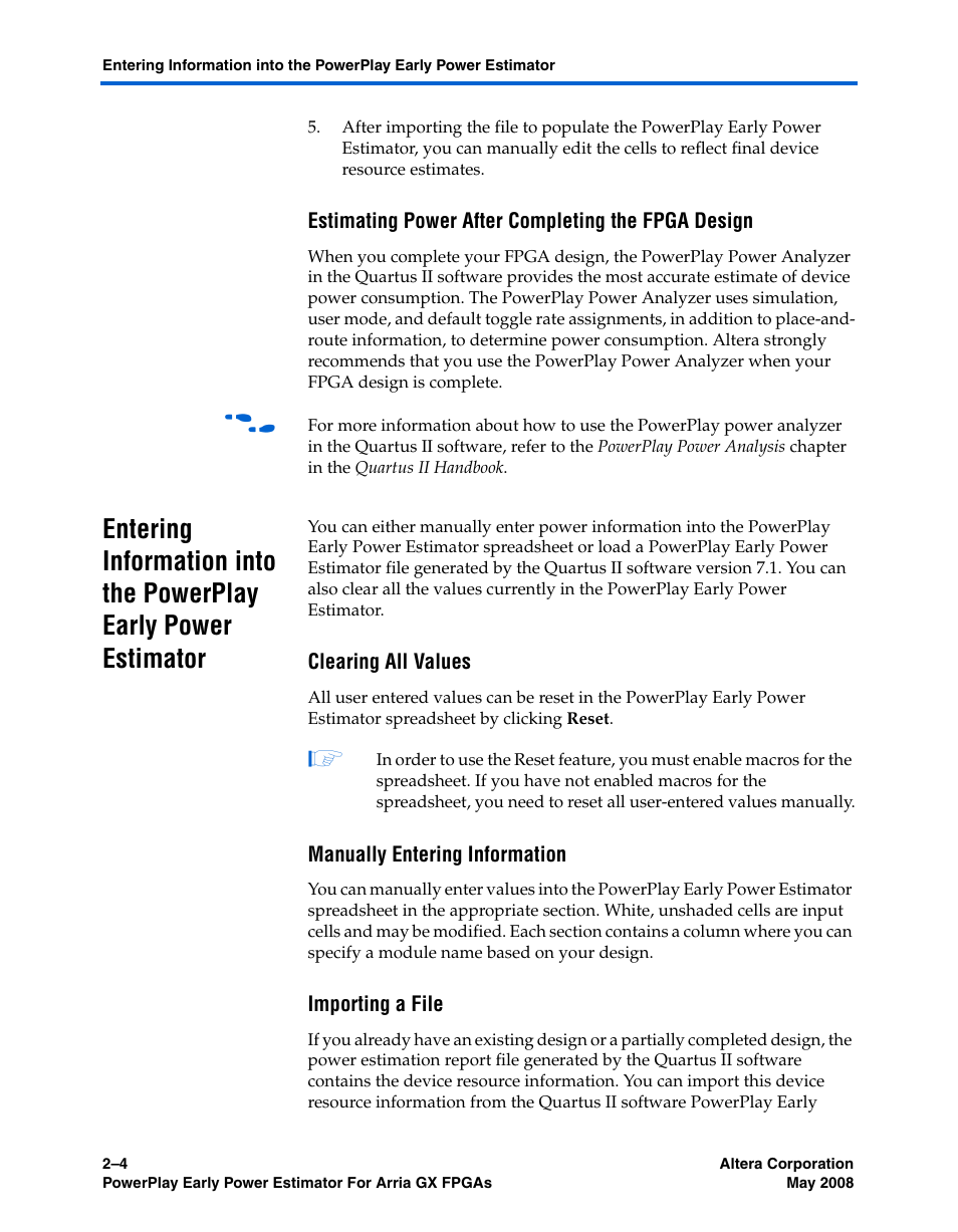 Estimating power after completing the fpga design, Clearing all values, Manually entering information | Importing a file | Altera PowerPlay Early Power Estimator User Manual | Page 12 / 58