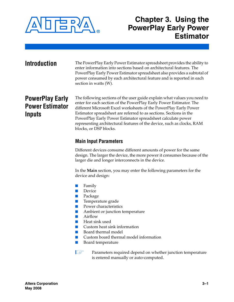 Introduction, Powerplay early power estimator inputs, Main input parameters | Altera PowerPlay Early Power Estimator User Manual | Page 15 / 58