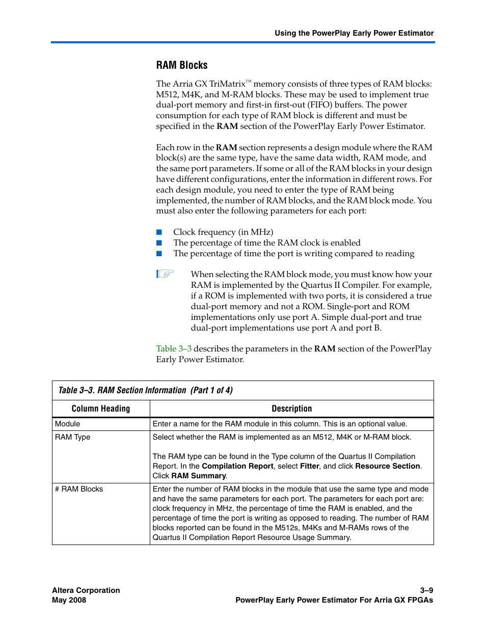 Ram blocks | Altera PowerPlay Early Power Estimator User Manual | Page 23 / 58