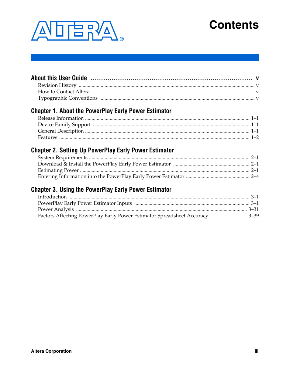 Altera PowerPlay Early Power Estimator User Manual | Page 3 / 58