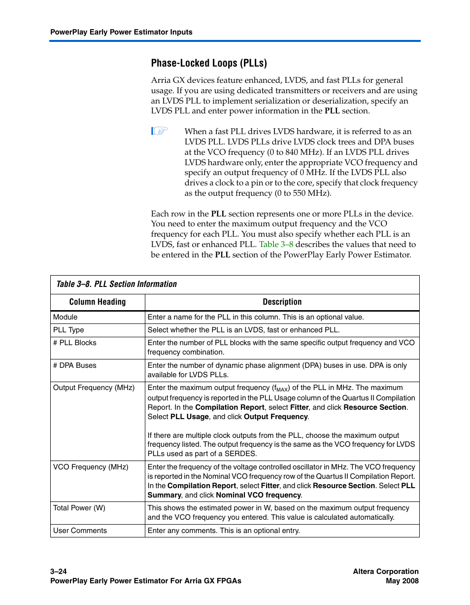 Phase-locked loops (plls) | Altera PowerPlay Early Power Estimator User Manual | Page 38 / 58