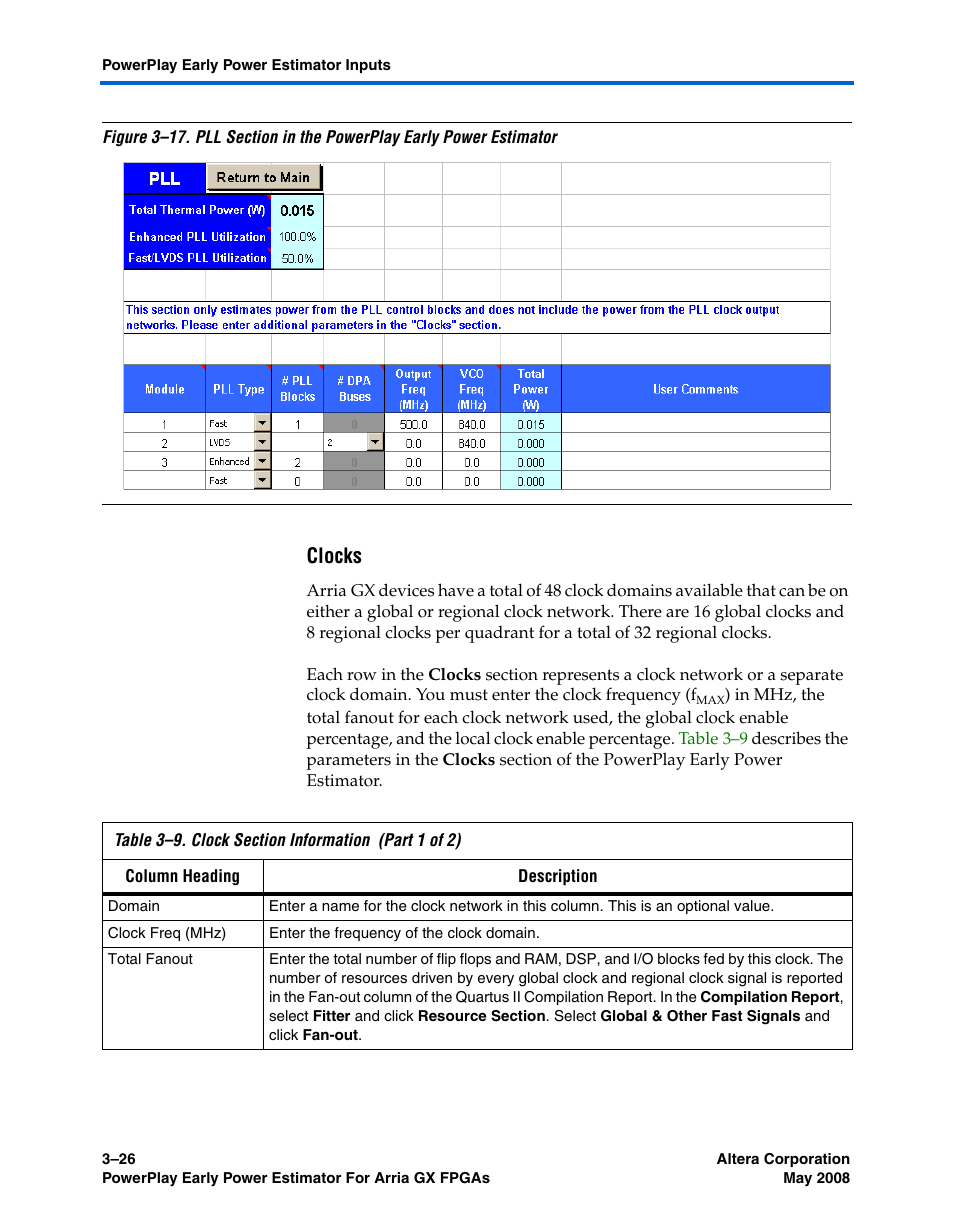 Clocks | Altera PowerPlay Early Power Estimator User Manual | Page 40 / 58