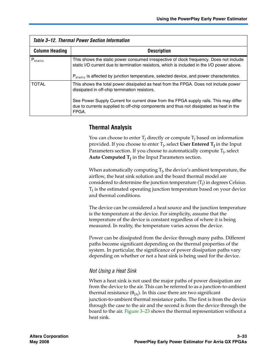 Thermal analysis, Not using a heat sink | Altera PowerPlay Early Power Estimator User Manual | Page 47 / 58