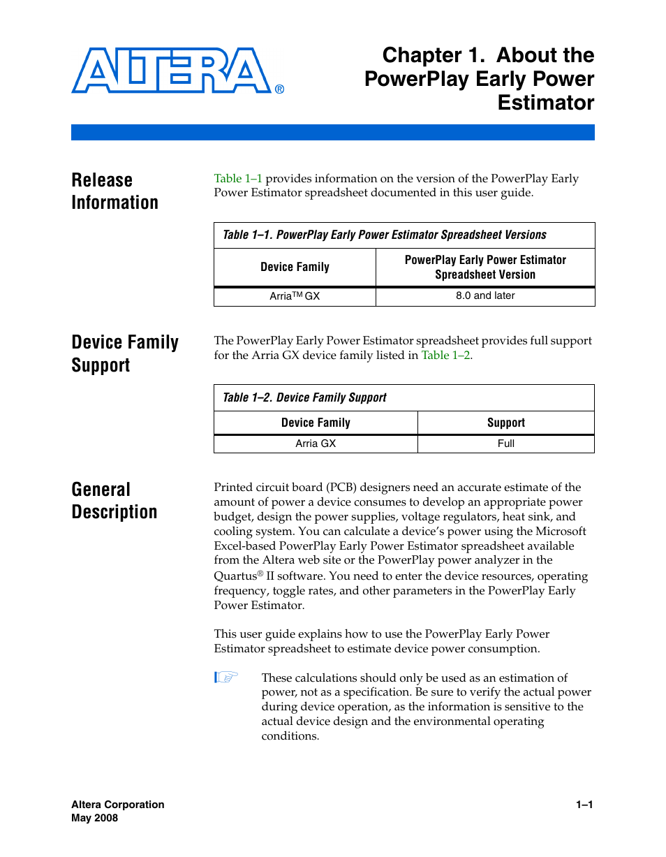Release information, Device family support, General description | Table 1–1 | Altera PowerPlay Early Power Estimator User Manual | Page 7 / 58