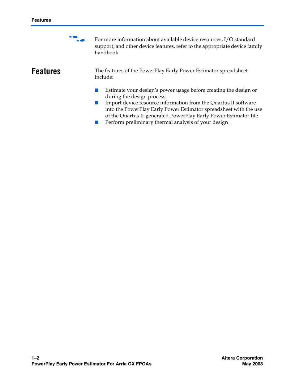 Features, Features –2 | Altera PowerPlay Early Power Estimator User Manual | Page 8 / 58