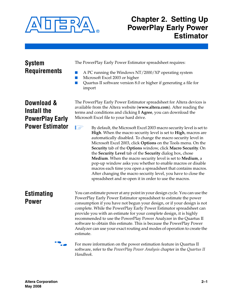 System requirements, Estimating power | Altera PowerPlay Early Power Estimator User Manual | Page 9 / 58