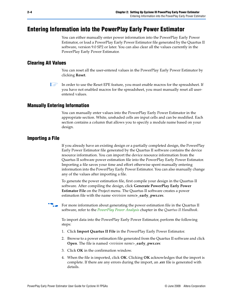 Clearing all values, Manually entering information, Importing a file | Altera PowerPlay Early Power Estimator User Manual | Page 10 / 42