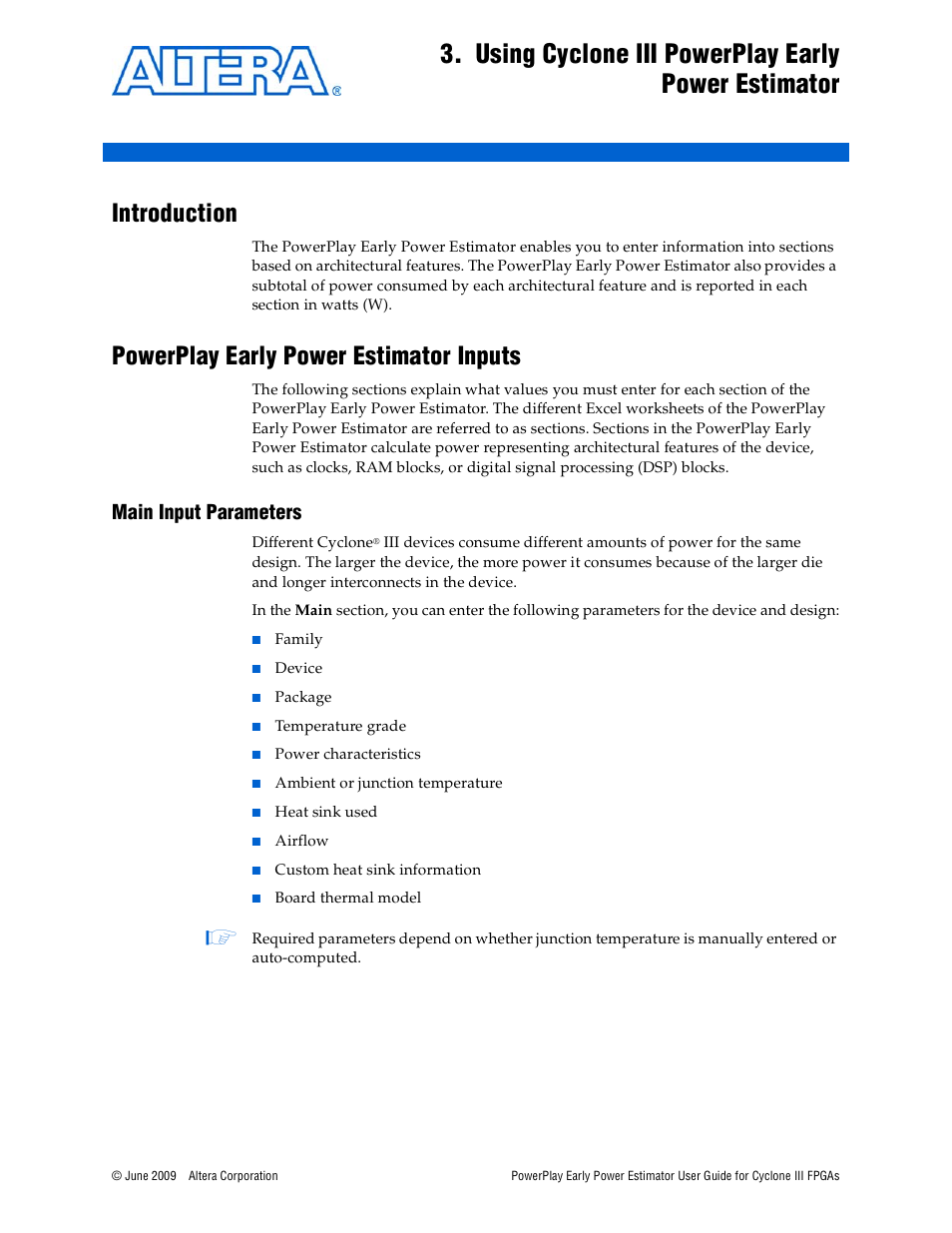 Using cyclone iii powerplay early power estimator, Introduction, Powerplay early power estimator inputs | Main input parameters, Main input parameters –1 | Altera PowerPlay Early Power Estimator User Manual | Page 13 / 42
