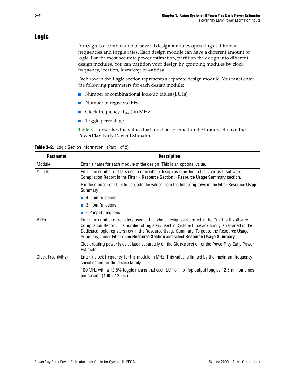 Logic, Logic –4 | Altera PowerPlay Early Power Estimator User Manual | Page 16 / 42