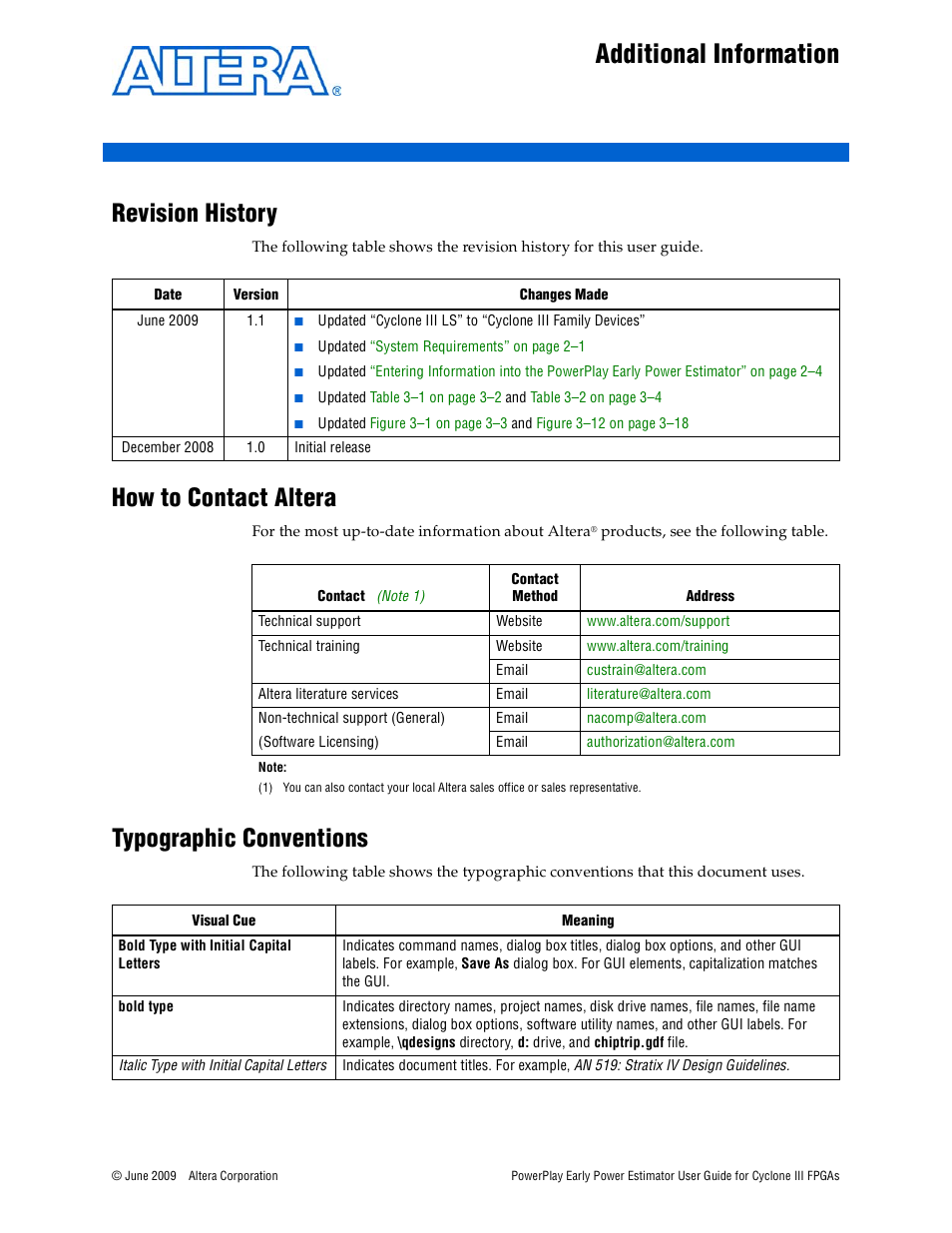 Additional information, Revision history, How to contact altera | Typographic conventions | Altera PowerPlay Early Power Estimator User Manual | Page 41 / 42