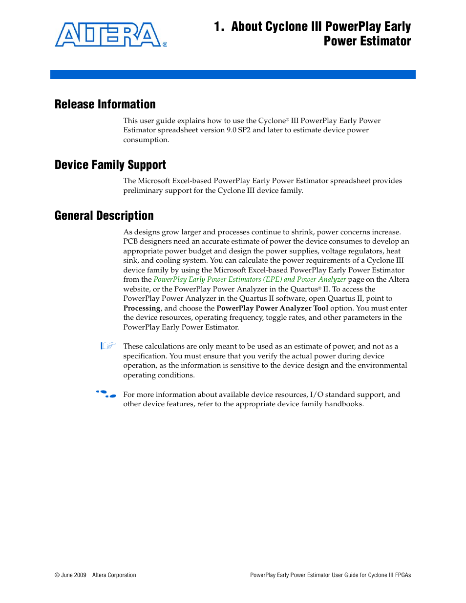 About cyclone iii powerplay early power estimator, Release information, Device family support | General description | Altera PowerPlay Early Power Estimator User Manual | Page 5 / 42