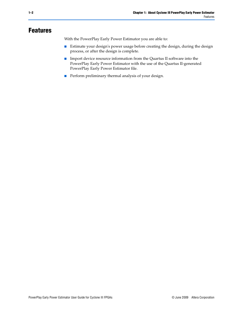 Features, Features –2 | Altera PowerPlay Early Power Estimator User Manual | Page 6 / 42