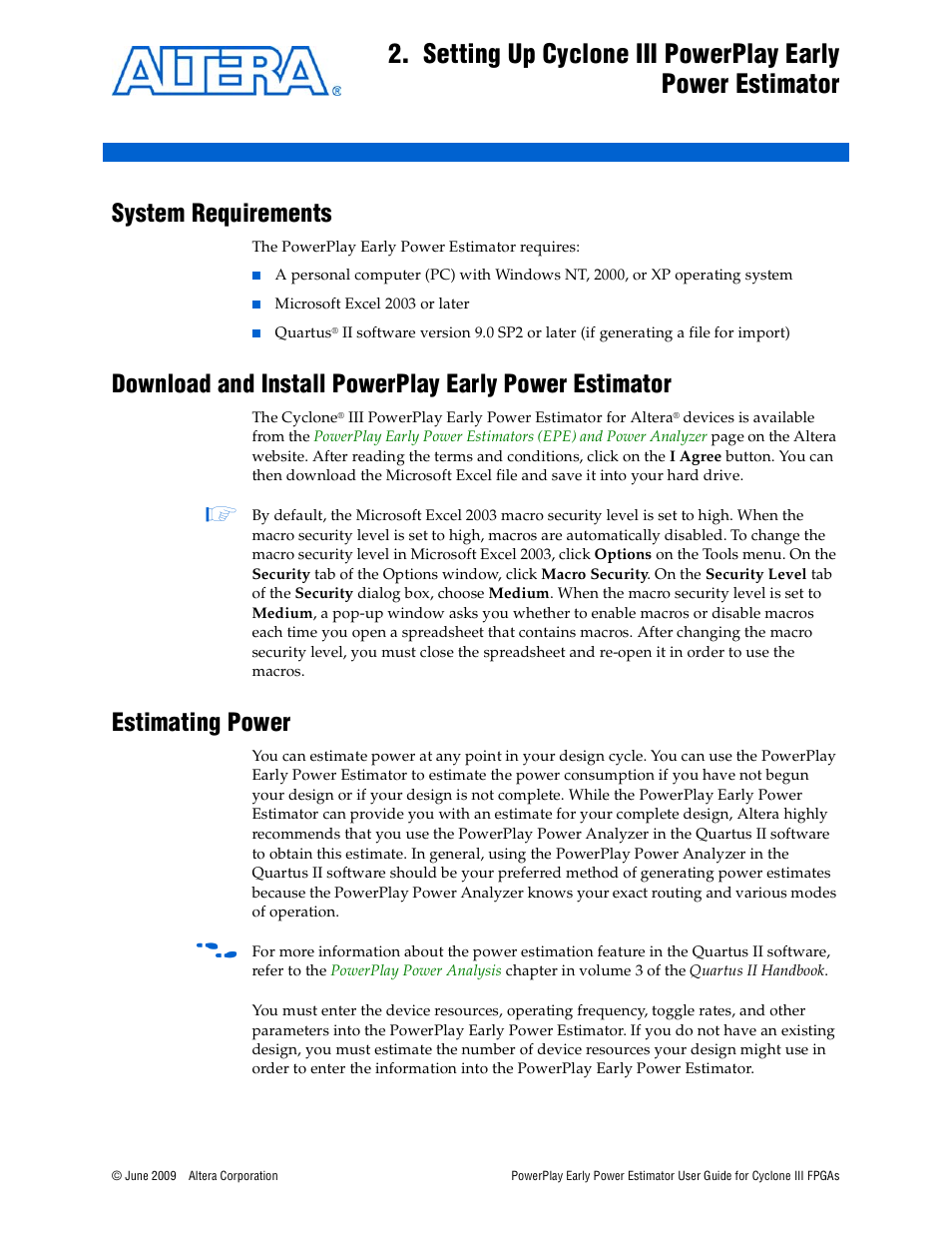 System requirements, Estimating power | Altera PowerPlay Early Power Estimator User Manual | Page 7 / 42