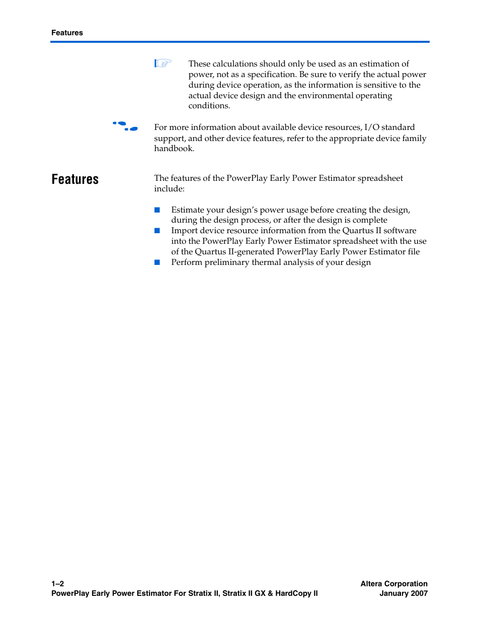 Features, Features –2 | Altera PowerPlay Early Power Estimator User Manual | Page 10 / 67