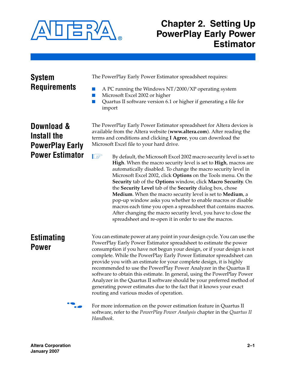 System requirements, Estimating power, Section updated | Altera PowerPlay Early Power Estimator User Manual | Page 11 / 67