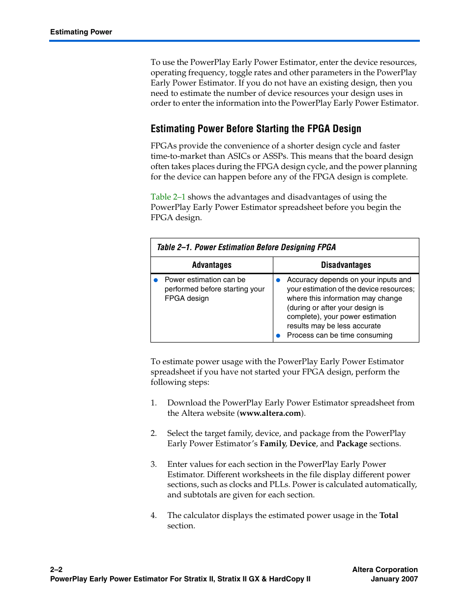 Estimating power before starting the fpga design, Table 2–1 | Altera PowerPlay Early Power Estimator User Manual | Page 12 / 67