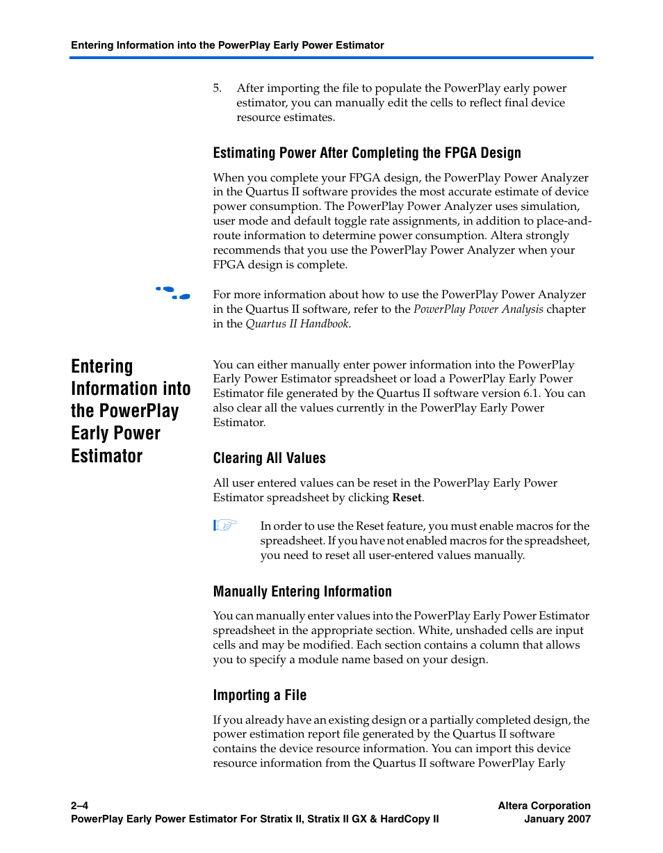 Estimating power after completing the fpga design, Clearing all values, Manually entering information | Importing a file | Altera PowerPlay Early Power Estimator User Manual | Page 14 / 67