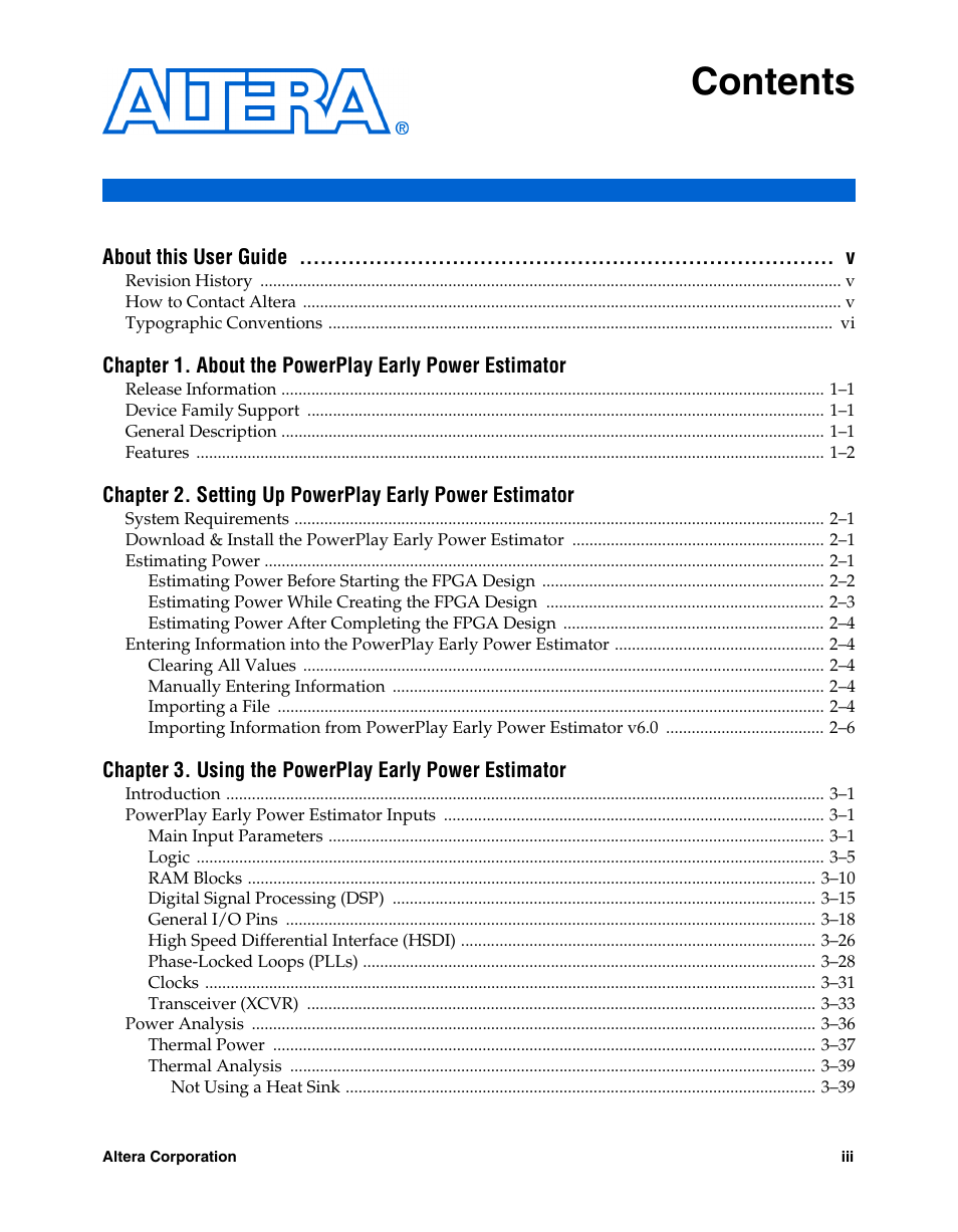 Altera PowerPlay Early Power Estimator User Manual | Page 3 / 67