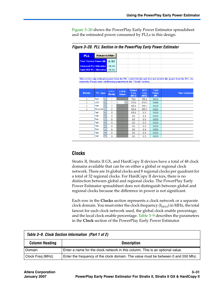 Clocks | Altera PowerPlay Early Power Estimator User Manual | Page 49 / 67