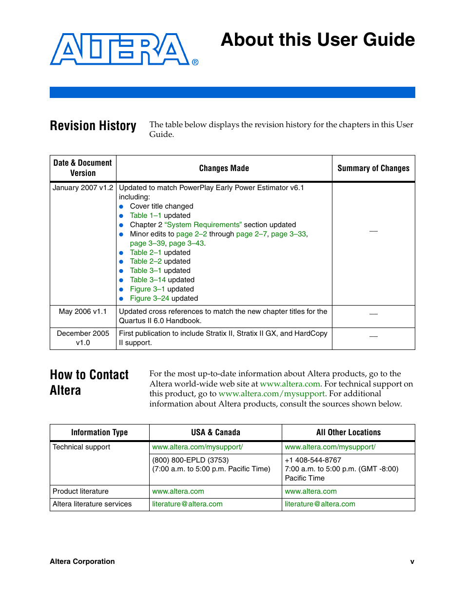 About this user guide, Revision history, How to contact altera | Altera PowerPlay Early Power Estimator User Manual | Page 5 / 67