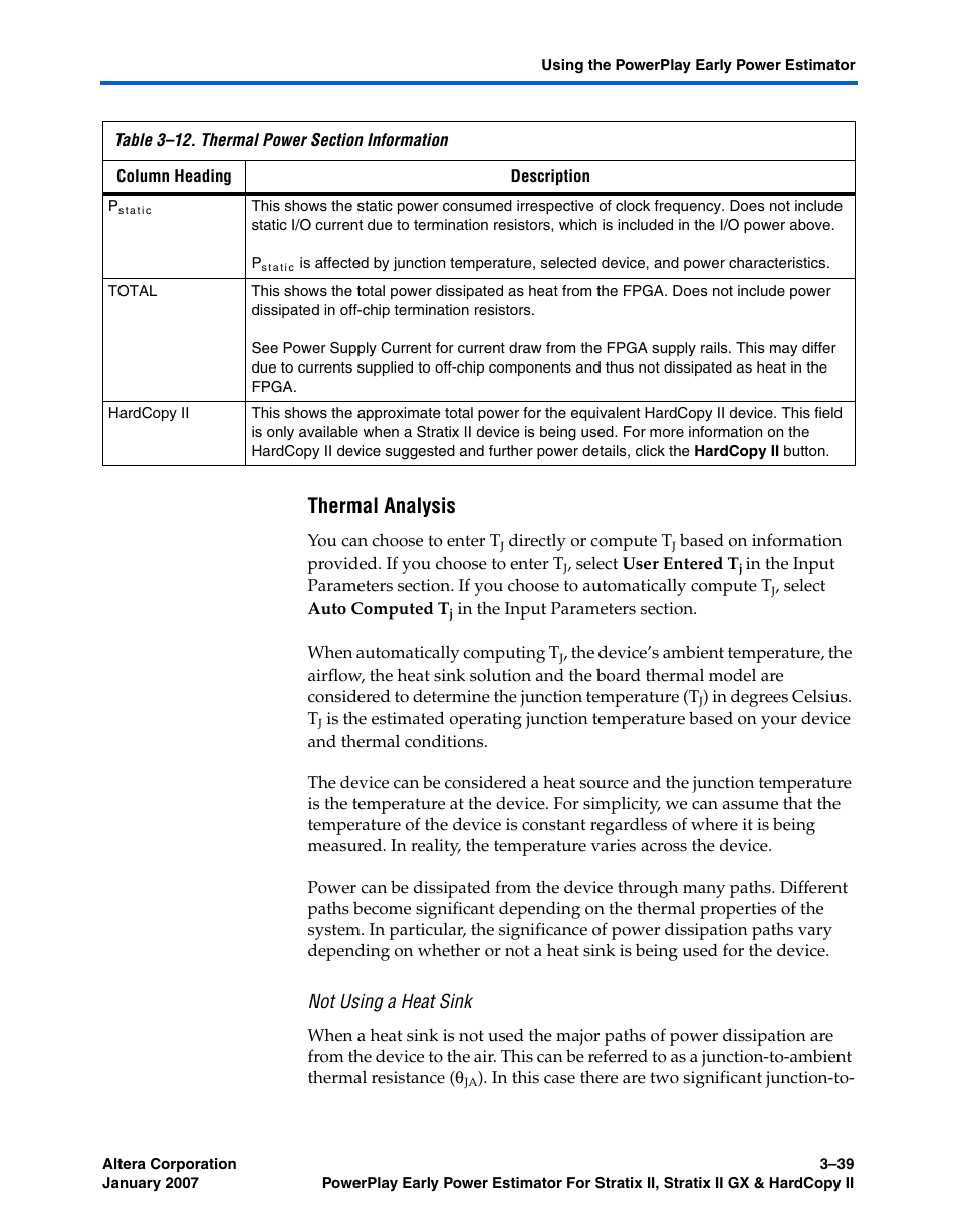 Thermal analysis, Not using a heat sink | Altera PowerPlay Early Power Estimator User Manual | Page 57 / 67