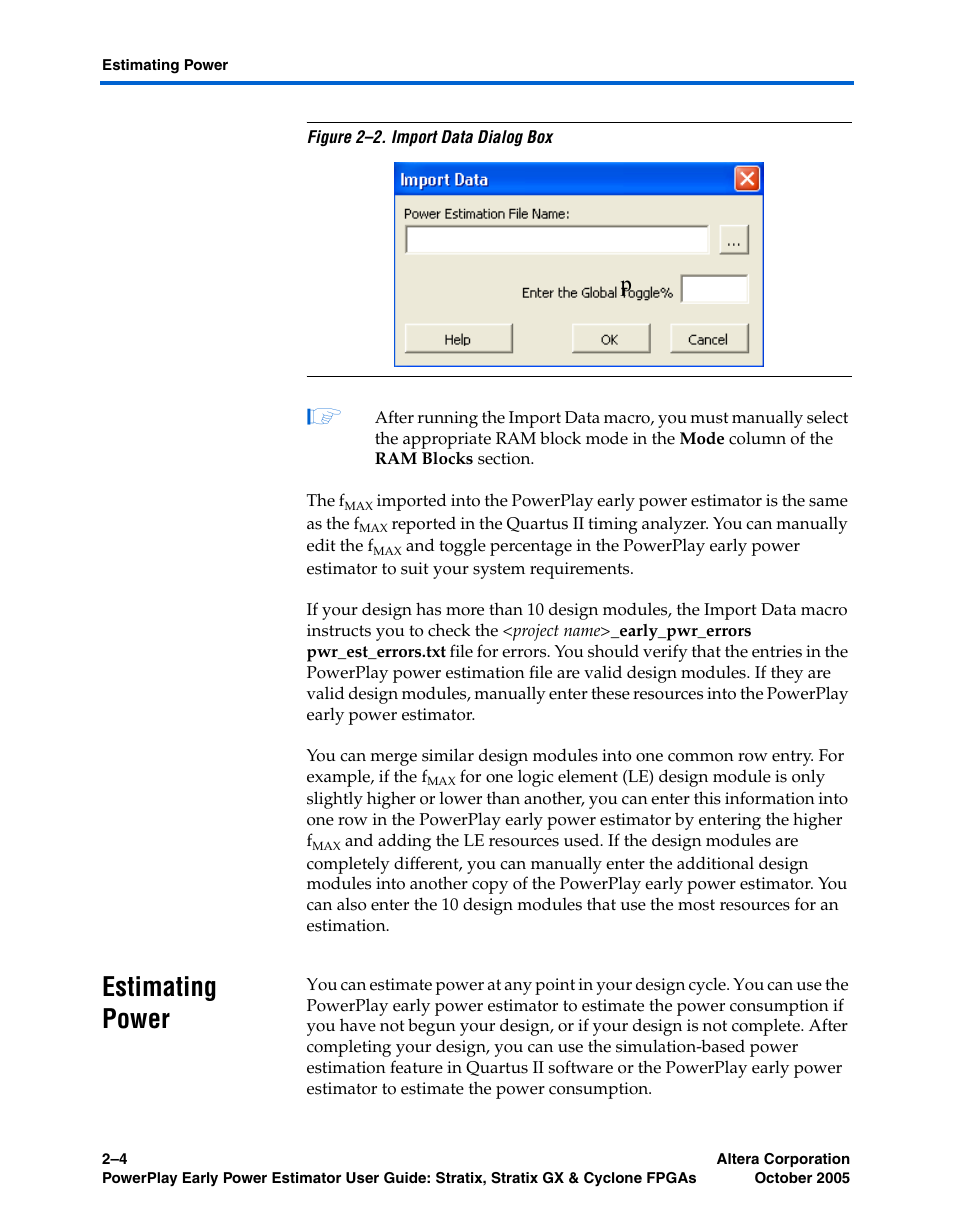 Estimating power, Estimating power –4 | Altera PowerPlay Early Power Estimator User Manual | Page 12 / 40